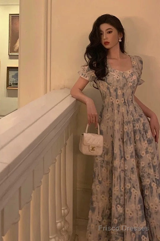 Classy A Line Square Neckline Blue Chiffon Long Prom Dresses Birthday Outfits Evening Gown Secondary image