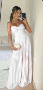 Classy A Line Strapless Light Pink Chiffon Long Prom Dresses Evening Dress With Ruffles