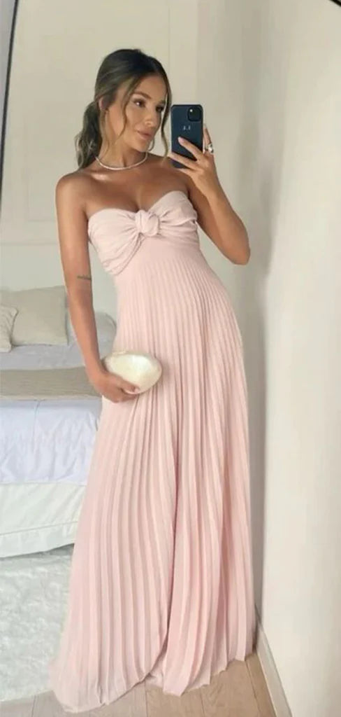 Classy A Line Strapless Light Pink Chiffon Long Prom Dresses Evening Dress With Ruffles