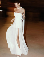 Classy A Line Strapless White Chiffon Long Evening Dress Prom Dresses