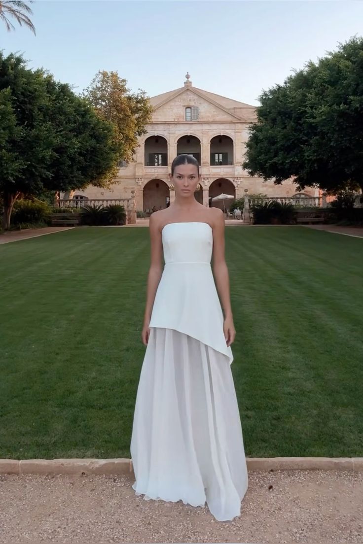 Classy A Line Strapless White Chiffon Long Evening Dress Prom Dresses
