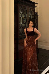 Classy A Line Straps Burgundy Velvet Floral Prom Dresses Birthday Outfits Evening Gown