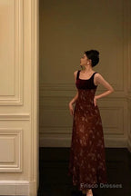 Classy A Line Straps Burgundy Velvet Floral Prom Dresses Birthday Outfits Evening Gown