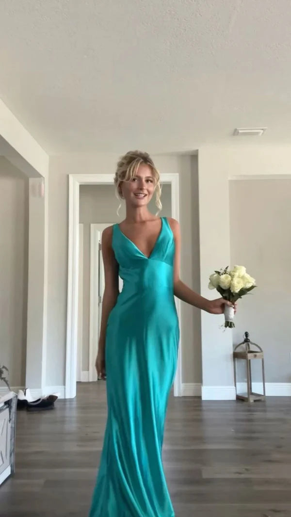 Classy A Line V Neckline Blue Satin Sleeveless Long Prom Dresses