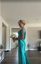 Classy A Line V Neckline Blue Satin Sleeveless Long Prom Dresses