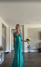 Classy A Line V Neckline Blue Satin Sleeveless Long Prom Dresses