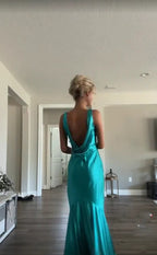 Classy A Line V Neckline Blue Satin Sleeveless Long Prom Dresses