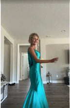 Classy A Line V Neckline Blue Satin Sleeveless Long Prom Dresses