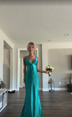 Classy A Line V Neckline Blue Satin Sleeveless Long Prom Dresses