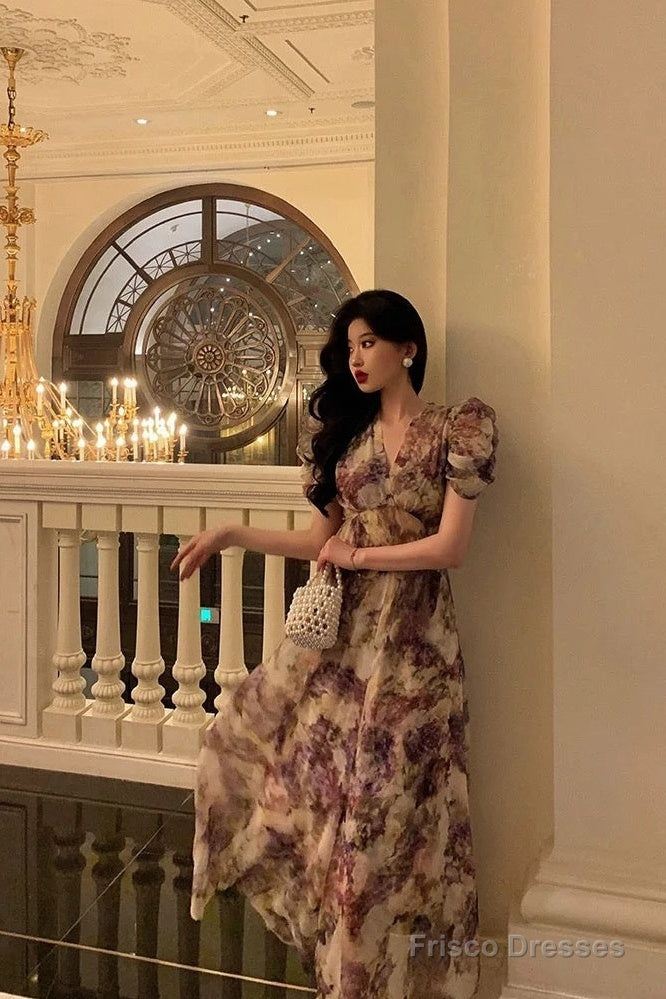 Classy A Line V Neckline Grape Flora Chiffon Prom Dresses Birthday Outfits Evening Gown