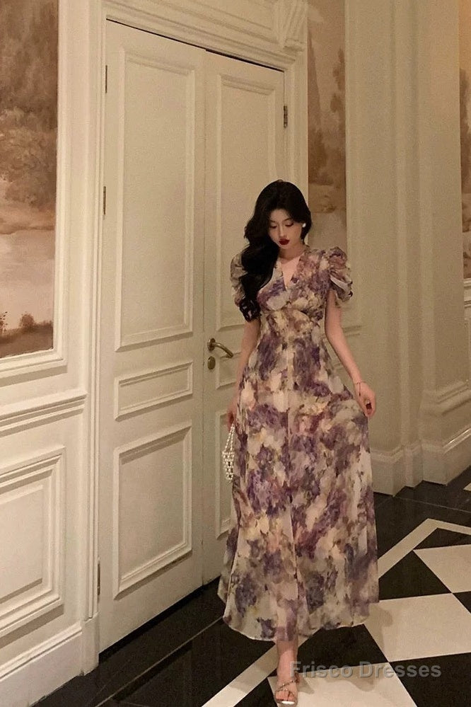 Classy A Line V Neckline Grape Flora Chiffon Prom Dresses Birthday Outfits Evening Gown Main image