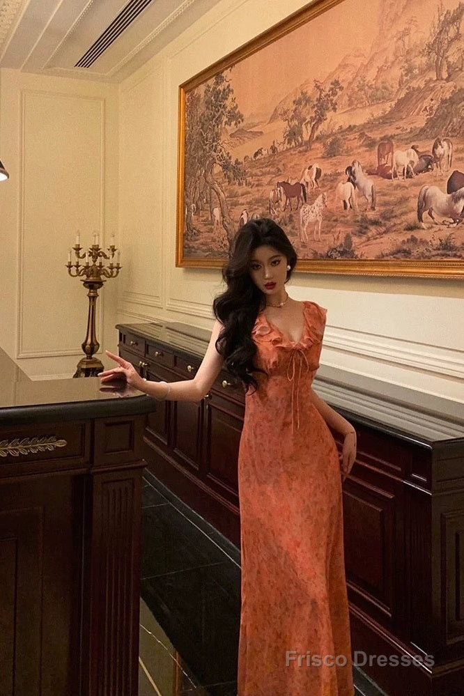 Classy A Line V Neckline Orange Chiffon Long Prom Dresses Birthday Outfits Evening Gown Secondary image