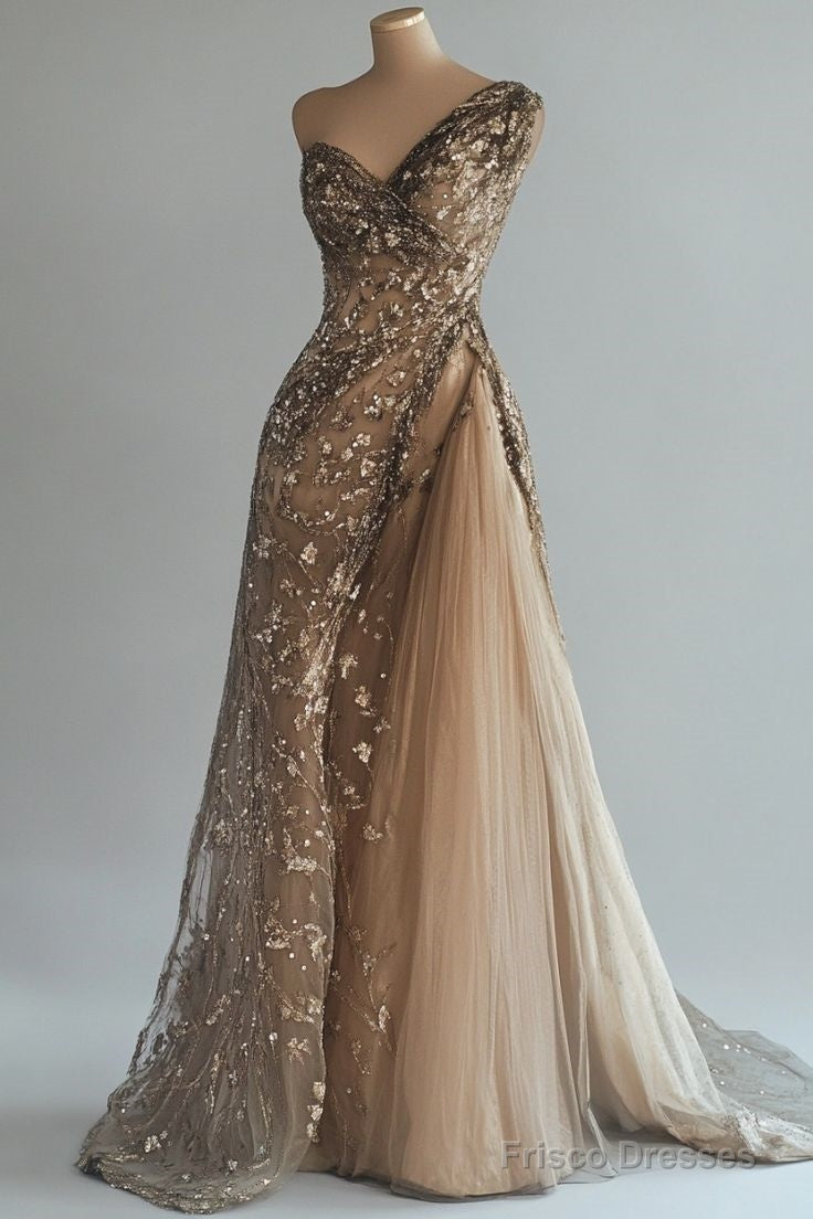 Classy Ball Gown One Shoulder Champagne Tulle Long Party Dress Prom Dresses Secondary image