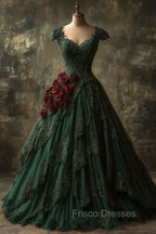 Classy Ball Gown Short Sleeves Dark Green Lace Long Party Dress Satin Formal Prom Dress