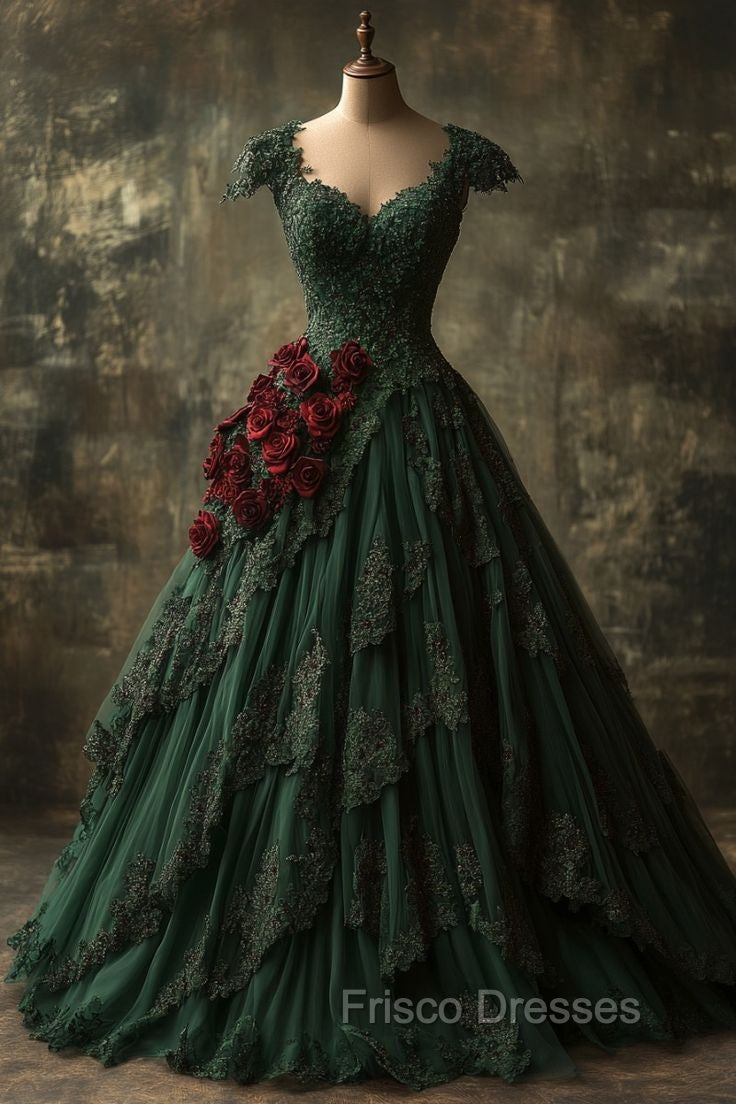 Classy Ball Gown Short Sleeves Dark Green Lace Long Party Dress Satin Formal Prom Dress