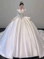 Classy Ball Gown Square Neckline Long Sleeves Sequin White Wedding Dresses Brides Dress