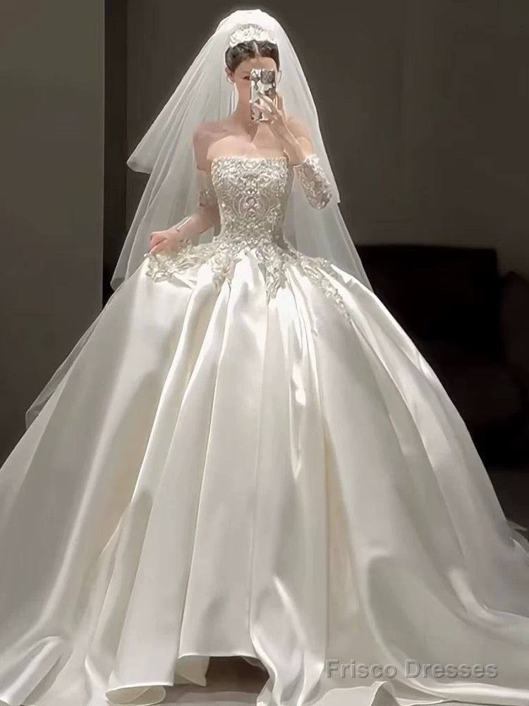 Classy Ball Gown Strapless Neckline Long Sleeves Sequin White Wedding Dresses Brides Dress Main image