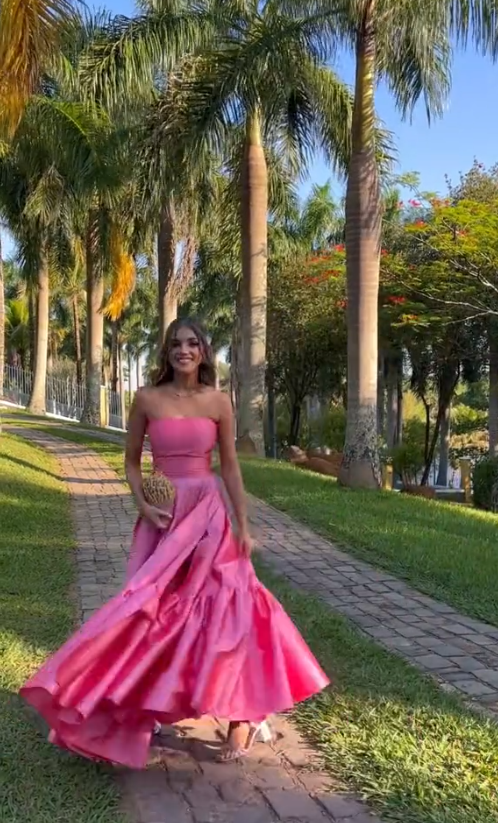 Classy Ball Gown Strapless Pink Floor Length Satin Slit Prom Dresses Evening Gowns Secondary image