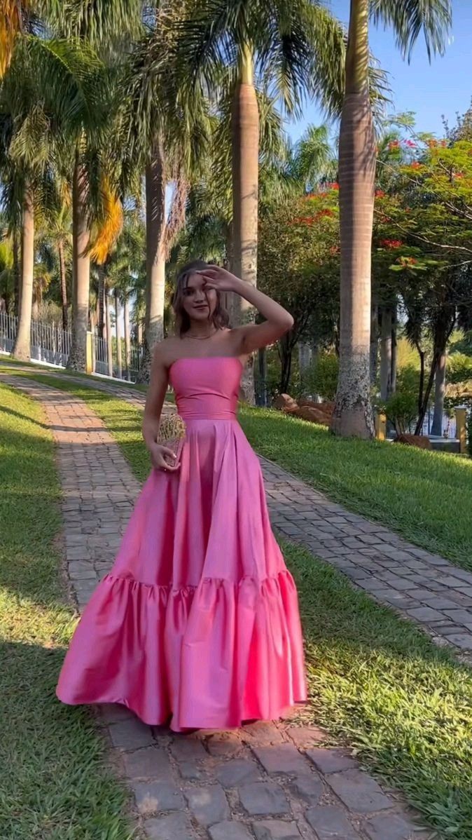 Classy Ball Gown Strapless Pink Floor Length Satin Slit Prom Dresses Evening Gowns Main image