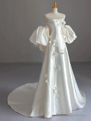 Classy Ball Gown Strapless Short Sleeves Satin White Wedding Dresses Brides Dress