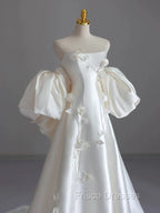 Classy Ball Gown Strapless Short Sleeves Satin White Wedding Dress Brides Dress
