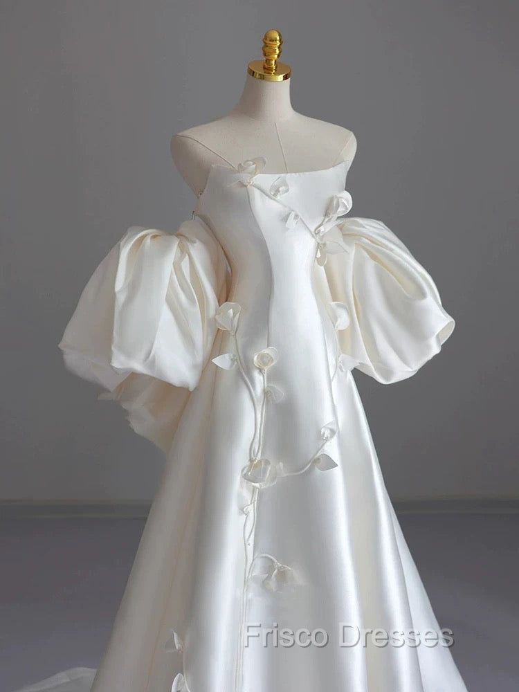 Classy Ball Gown Strapless Short Sleeves Satin White Wedding Dress Brides Dress