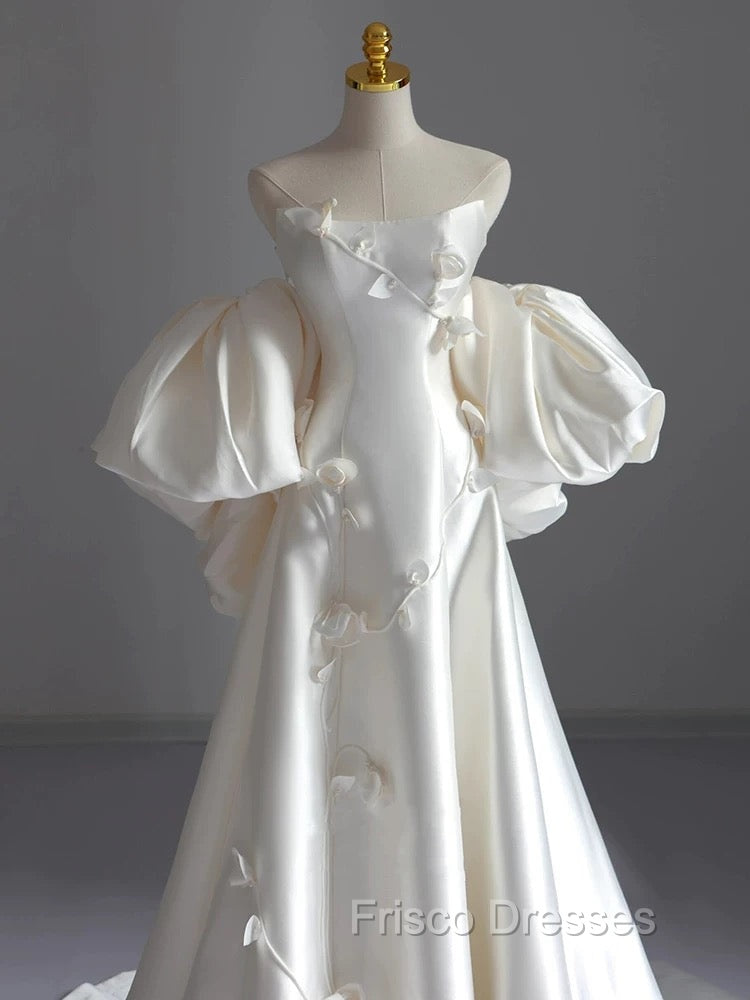 Classy Ball Gown Strapless Short Sleeves Satin White Wedding Dress Brides Dress
