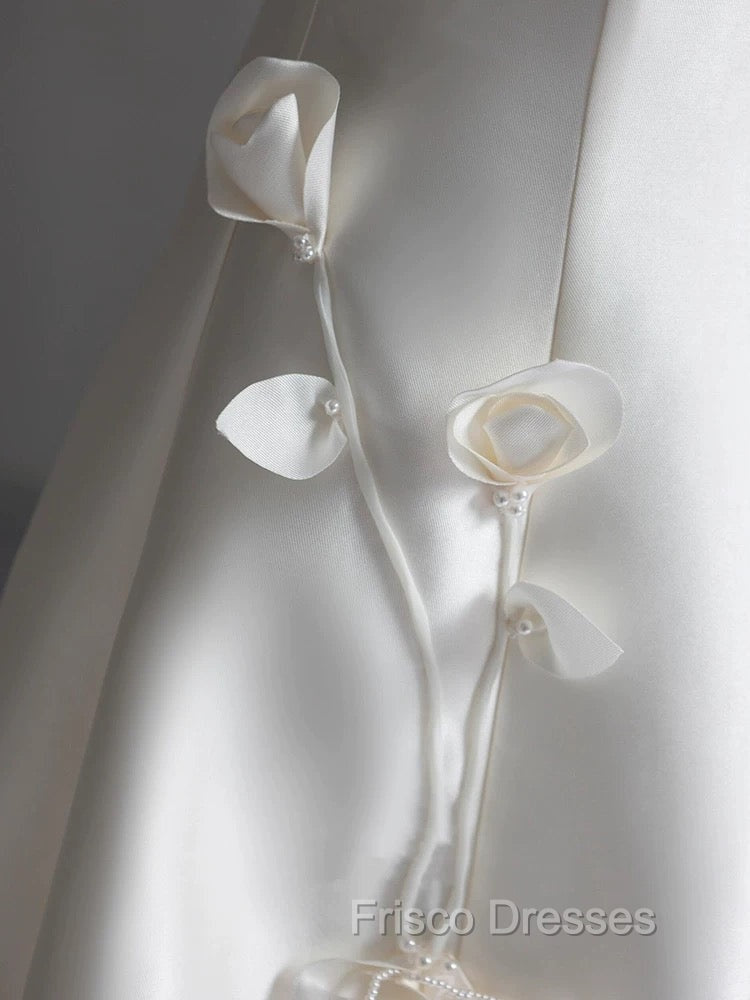 Classy Ball Gown Strapless Short Sleeves Satin White Wedding Dress Brides Dress
