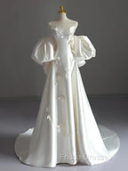 Classy Ball Gown Strapless Short Sleeves Satin White Wedding Dress Brides Dress