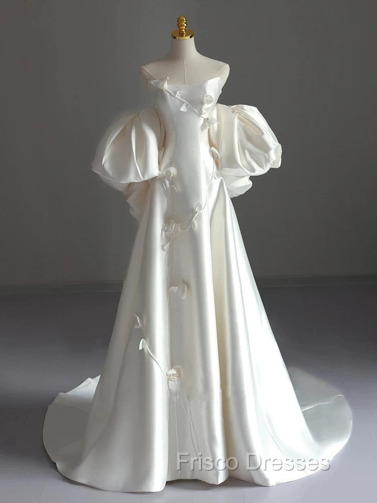 Classy Ball Gown Strapless Short Sleeves Satin White Wedding Dress Brides Dress