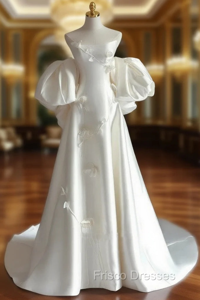 Classy Ball Gown Strapless Short Sleeves Satin White Wedding Dress Brides Dress Main image