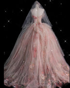 Classy Ball Gown Sweetheart Pink Floral Tulle Long Formal Dress Formal Prom Dress