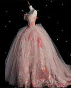 Classy Ball Gown Sweetheart Pink Floral Tulle Long Formal Dress Formal Prom Dress