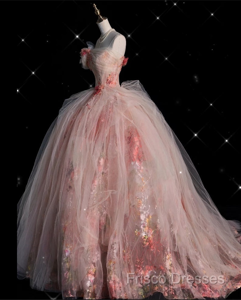 Classy Ball Gown Sweetheart Pink Floral Tulle Long Formal Dress Formal Prom Dress