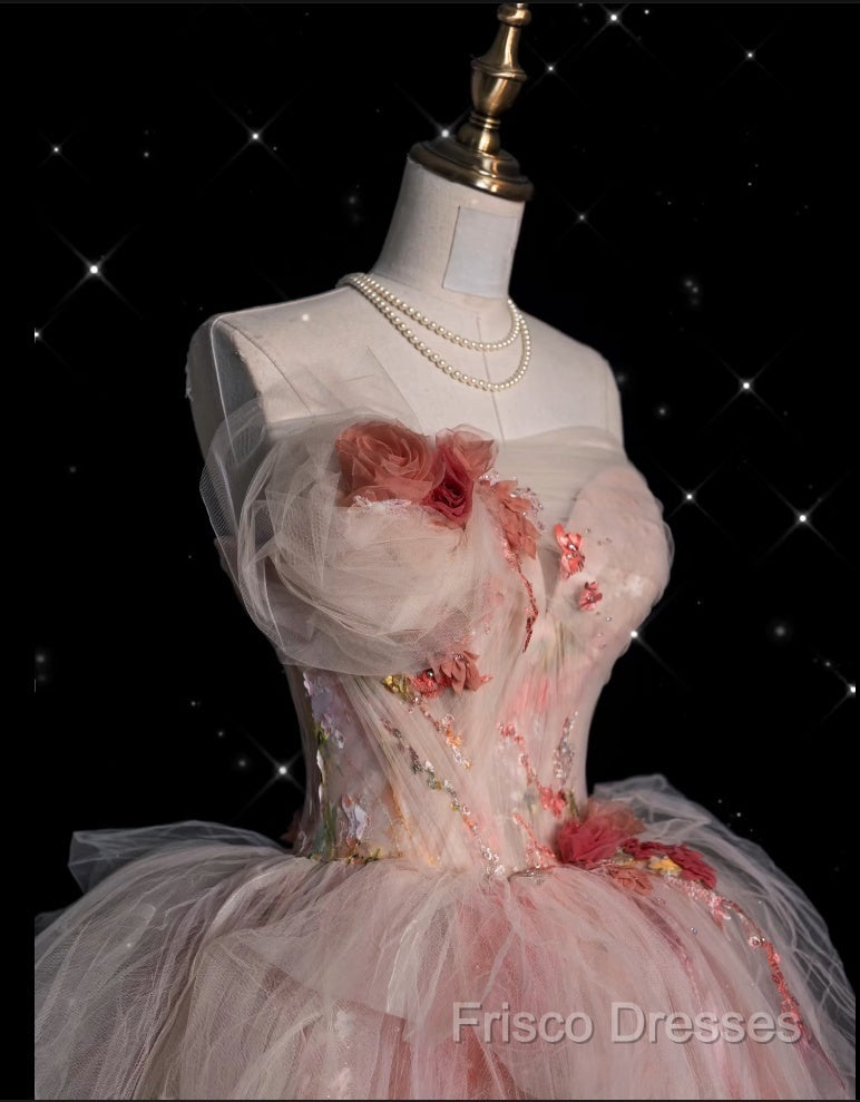 Classy Ball Gown Sweetheart Pink Floral Tulle Long Formal Dress Formal Prom Dress