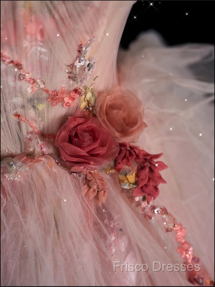 Classy Ball Gown Sweetheart Pink Floral Tulle Long Formal Dress Formal Prom Dress