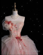 Classy Ball Gown Sweetheart Pink Floral Tulle Long Formal Dress Formal Prom Dress