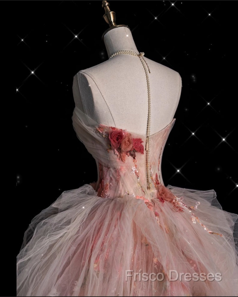 Classy Ball Gown Sweetheart Pink Floral Tulle Long Formal Dress Formal Prom Dress