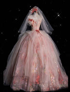 Classy Ball Gown Sweetheart Pink Floral Tulle Long Formal Dress Formal Prom Dress