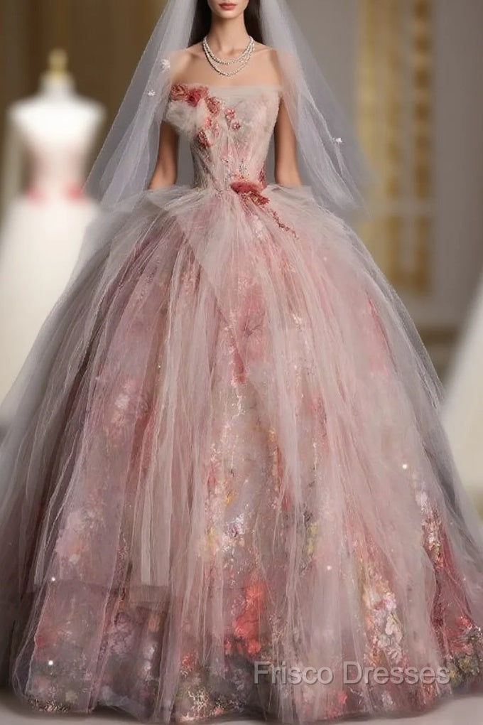 Classy Ball Gown Sweetheart Pink Floral Tulle Long Formal Dress Formal Prom Dress Main image