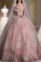 Classy Ball Gown Sweetheart Pink Floral Tulle Long Formal Dress Formal Prom Dress