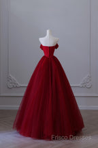 Classy Balll Gown Strapless Red Tulle Long Formal Dress Formal Prom Dress