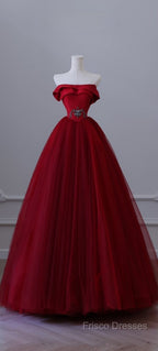 Classy Balll Gown Strapless Red Tulle Long Formal Dress Formal Prom Dress