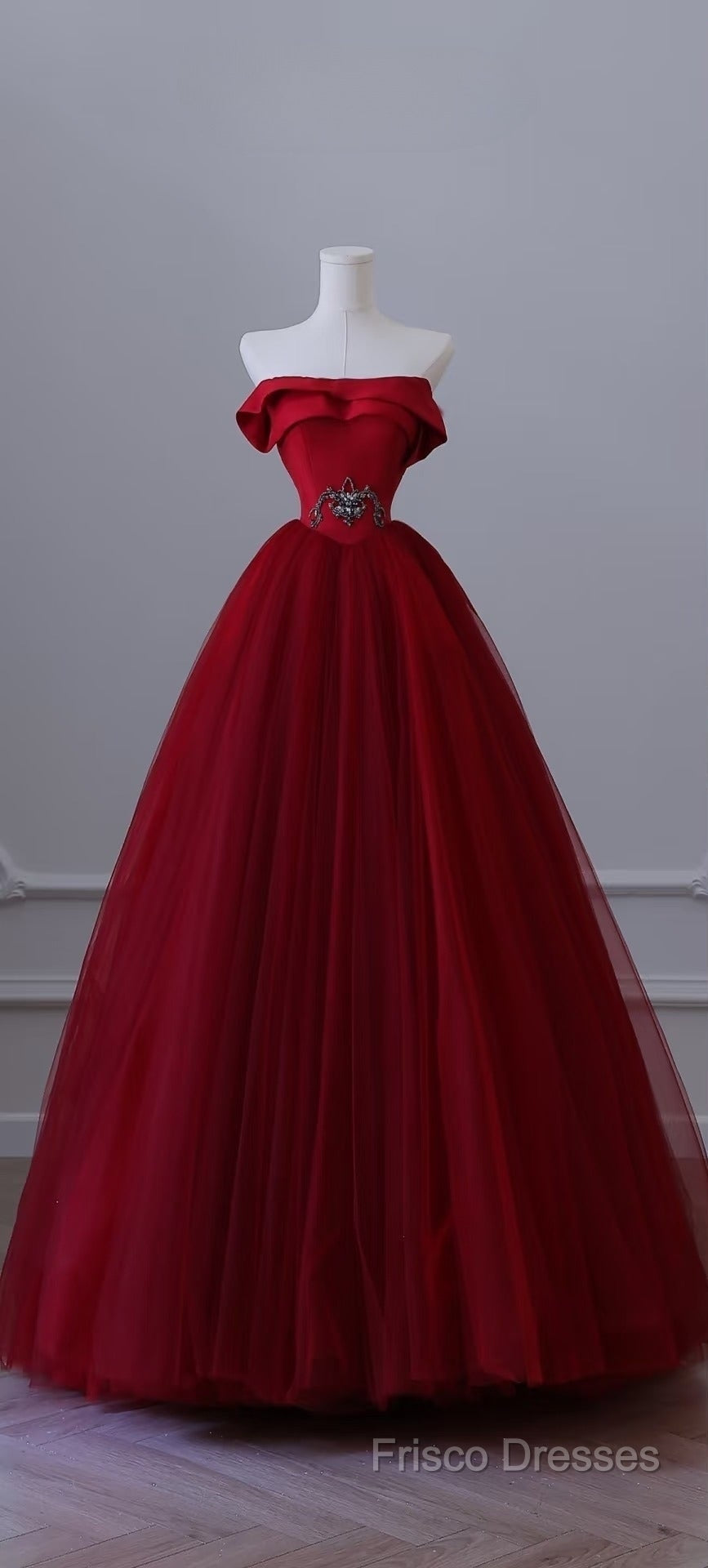 Classy Balll Gown Strapless Red Tulle Long Formal Dress Formal Prom Dress