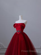 Classy Balll Gown Strapless Red Tulle Long Formal Dress Formal Prom Dress