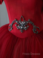 Classy Balll Gown Strapless Red Tulle Long Formal Dress Formal Prom Dress