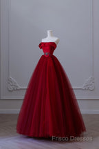 Classy Balll Gown Strapless Red Tulle Long Formal Dress Formal Prom Dress