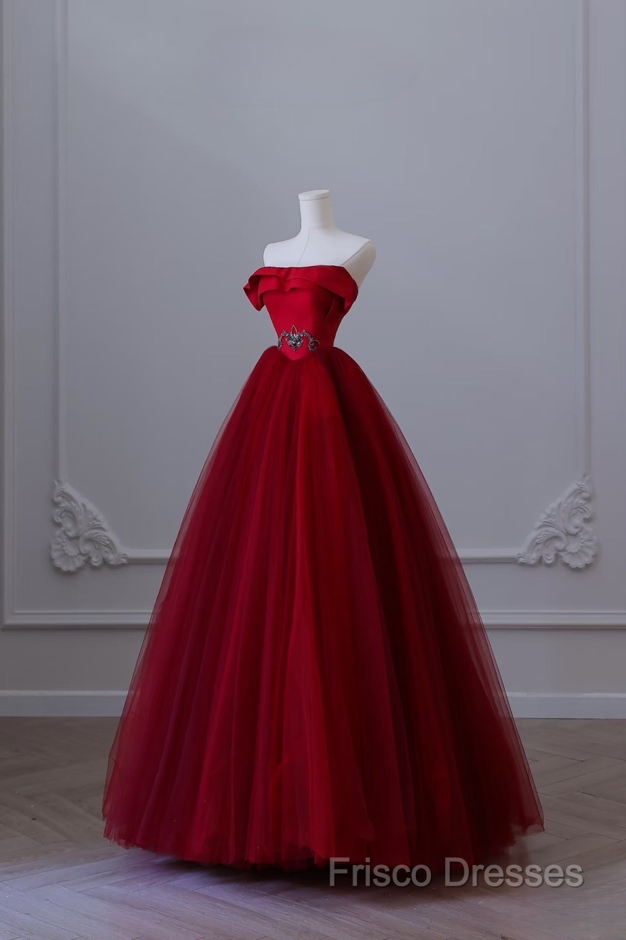 Classy Balll Gown Strapless Red Tulle Long Formal Dress Formal Prom Dress