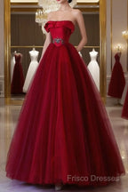 Classy Balll Gown Strapless Red Tulle Long Formal Dress Formal Prom Dress