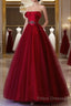 Classy Balll Gown Strapless Red Tulle Long Formal Dress Formal Prom Dress